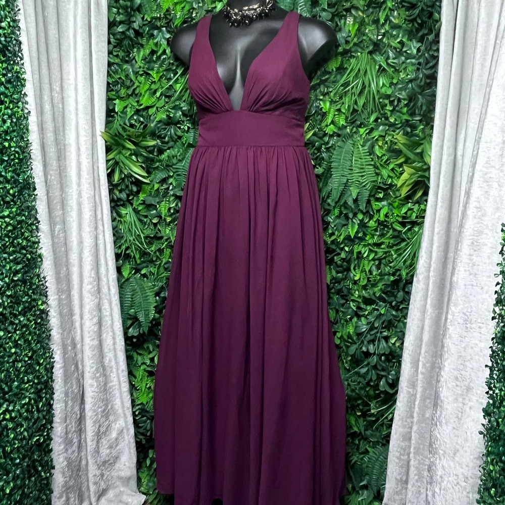 JJ's House Dress 12 Red Cabernet Chiffon V-Neck Maxi‎ Formal Evening  Gown 3882